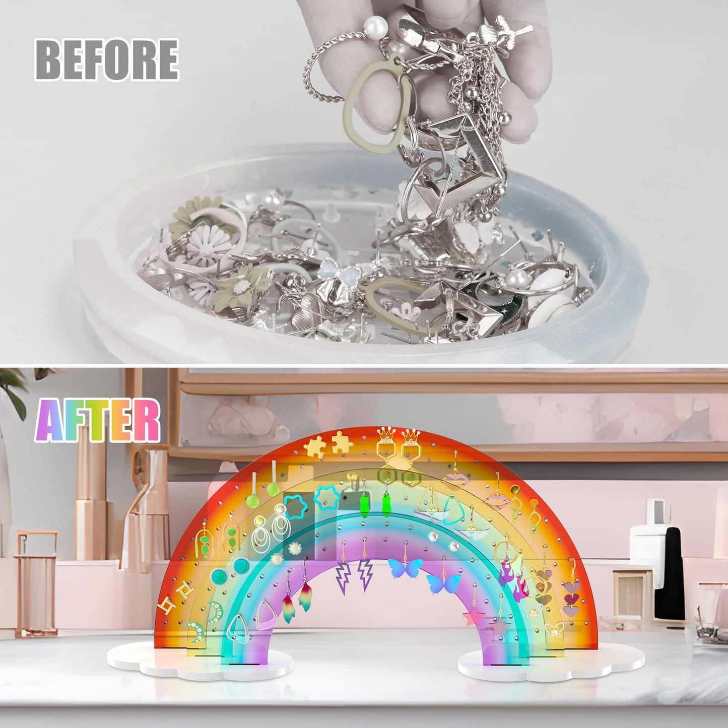 NiHome Earring Organizer Holder, 3-Tier 140 Holes Display, Iridescent | Lightweight Sturdy Fade-Resistant Vanity and Bathroom Storage Detachable Easy Assembly Travel-Friendly Design BST326H