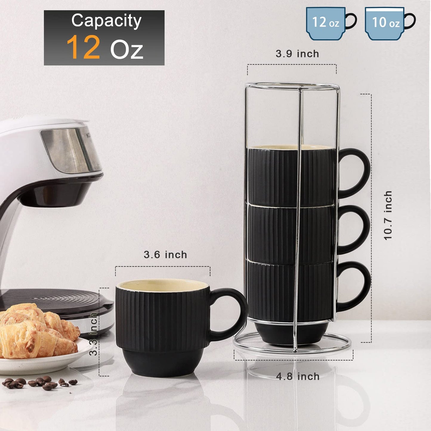 HASENSE 15 oz Ribbed Stackable Coffee Mug Set of 4, Porcelain Latte Cups with Metal Rack, Dishwasher & Microwave Safe, Cappuccino Tea Hot Cocoa, White BST220