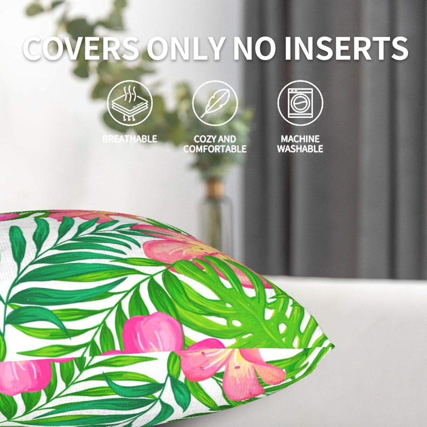 Plumeria Flowers and Palm Leaves Throw Pillow Cover 18x18 Inch Tropical Theme Decorative Pillow Cases Soft Throw Pillows for Living Room Bedroom Sofa Couch Cushion Cover Set of 2 BST220