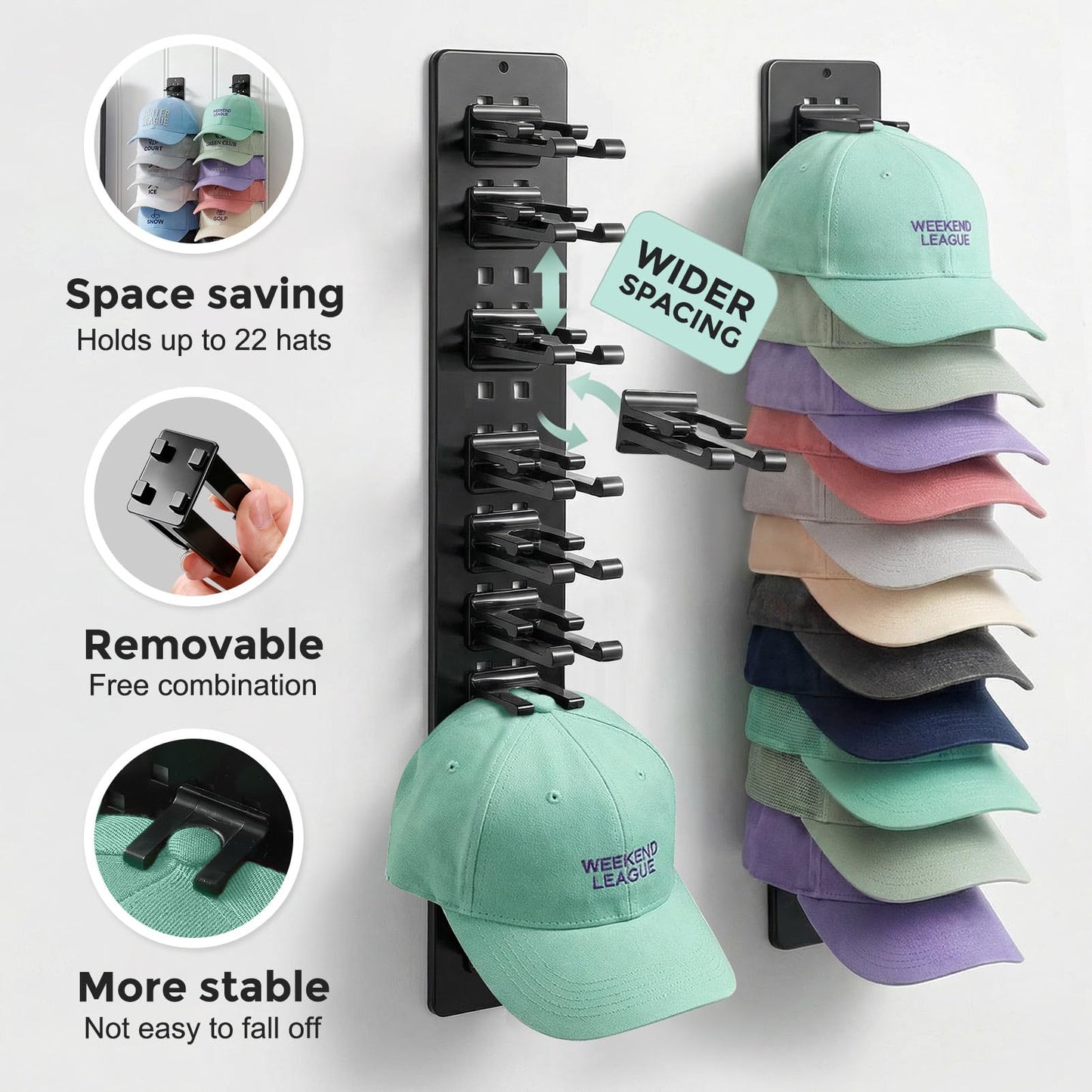 Hat Hook for Wall, 2 Pack Hat Organizer Hold up to 20 Hats,Hat Holder with Strong Adhesive and 8 Pack Screws, Cap Holder Hat Hangers for Wall Closet Door and Bedroom(B-Black) BST220