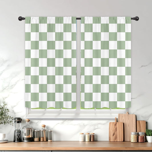 Sage Green White Checkered Retro Checkerboard Kitchen Curtains over Sink | Fashion fade-proof print; 27.5"W x 39"L . 2 panels, rod pocket, wrinkle-resistant, washable, eco-friendly. BST326H