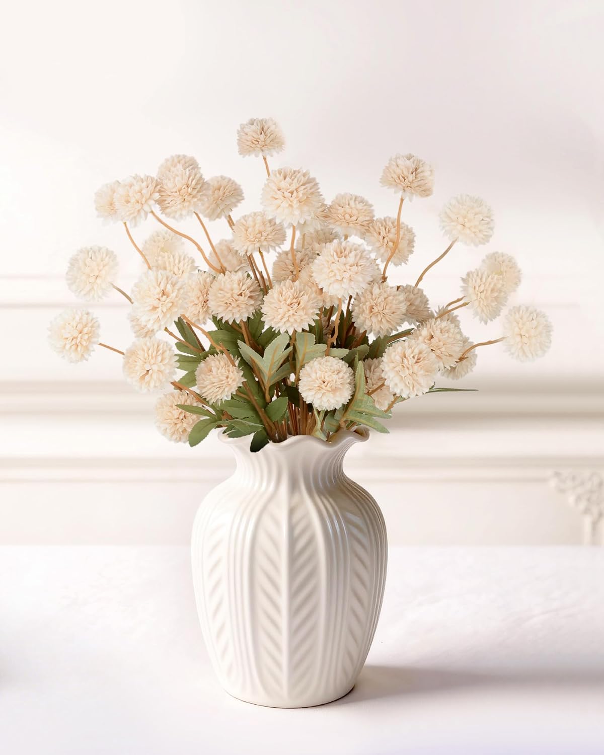 Beige Faux Silk Mums Artificial Flowers, 8Pcs Fall Fake Kiku Small Mini Chrysanthemum Pom Pom Stems for DIY Bouquets Centerpieces Vase Autumn Home Decorations Floral Arrangement BST202