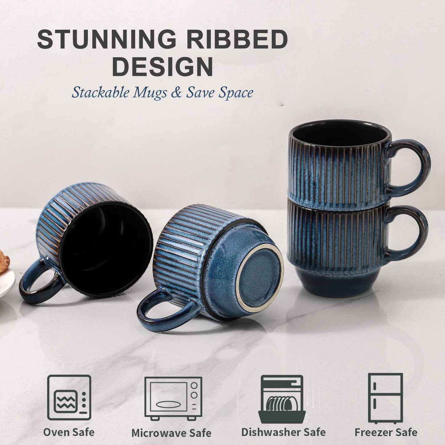 HASENSE 15 oz Ribbed Stackable Coffee Mug Set of 4, Porcelain Latte Cups with Metal Rack, Dishwasher & Microwave Safe, Cappuccino Tea Hot Cocoa, White BST220