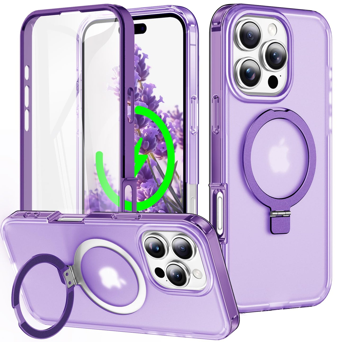 for iPhone 13 Pro Full Body Shockproof Case with Magnetic Invisible Stand [Compatible with MagSafe] Built-in Screen Protector Military Drop ProtectionTranslucent Phone Cover -Hot Pink WN420