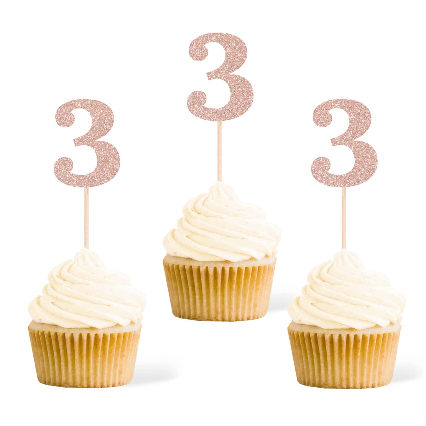 Gexolenu 24 PCS Rose Gold Double-sided 3rd Birthday Cupcake Toppers, Glitter Age THREE Cake Picks Decor, Third Happy Birthday Party Decorations Baby Shower Anniversary Party Supplies BST220