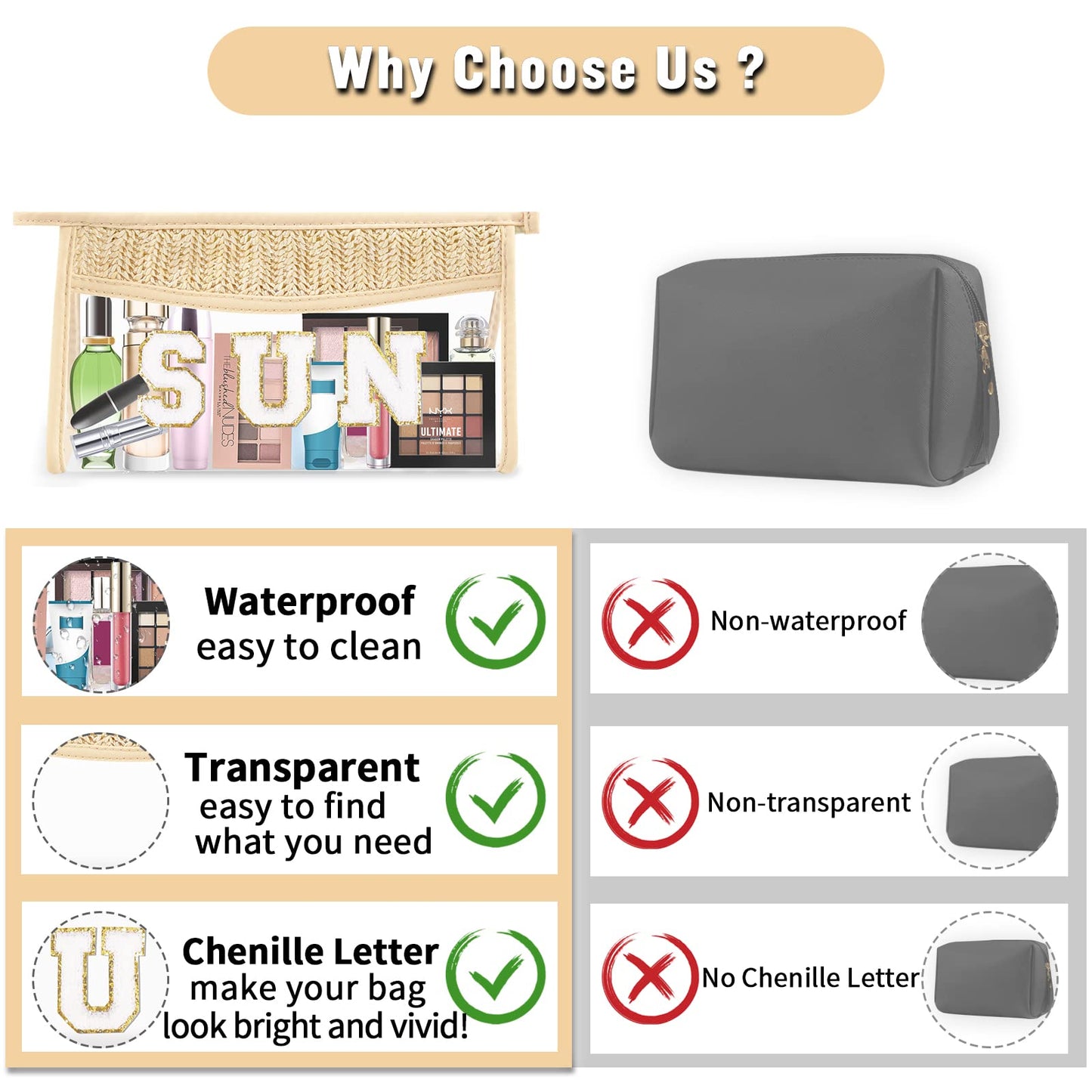 Boho Clear Makeup Bag Cosmetic Zipper Pouch Purse, Clear Toiletry Bags Travel Small Preppy Cute DIY Chenille Letter Bag, Transparent PVC Waterproof Clutch Make Up Organizer Storage Bag for Women Girls BST220
