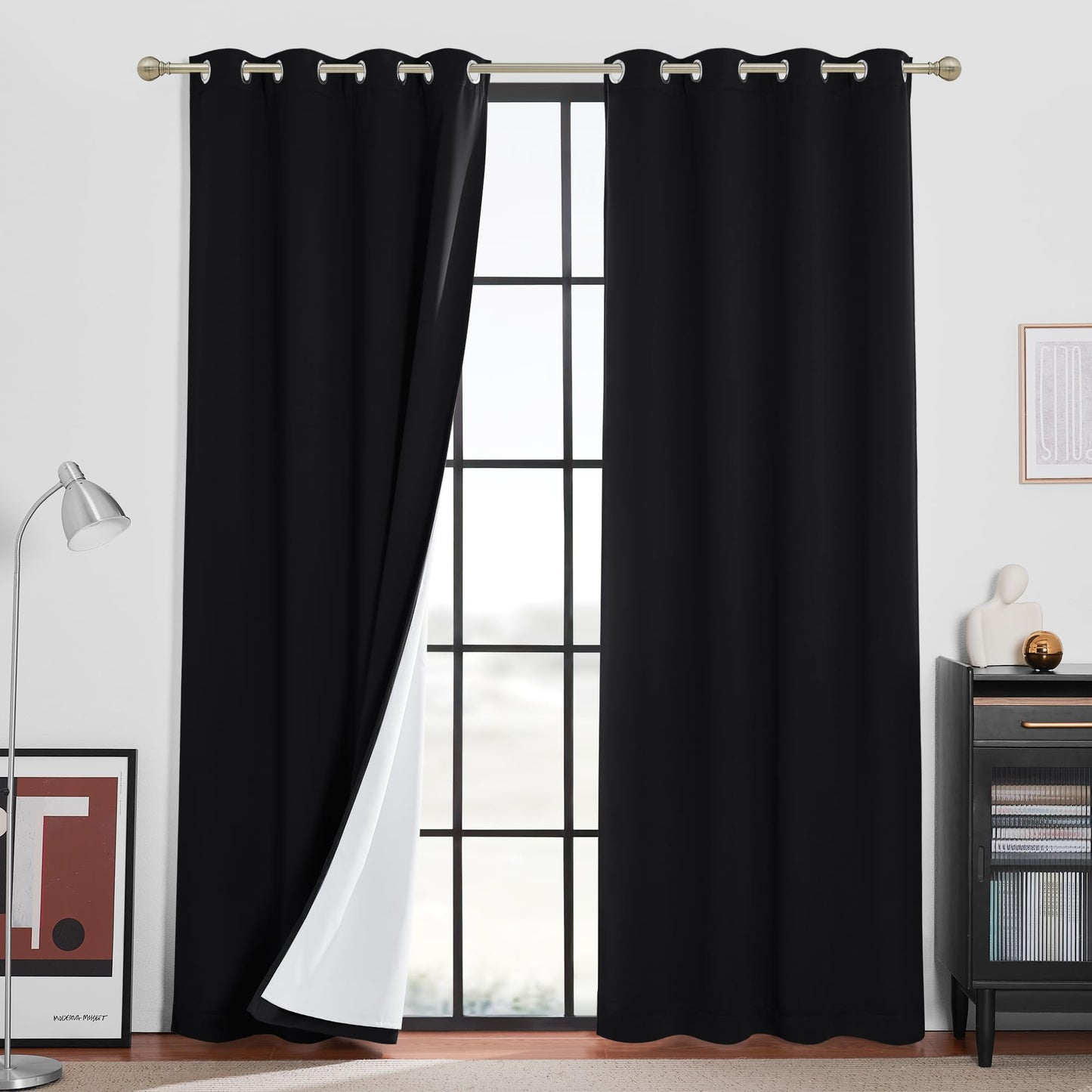 RYB HOME 4-in-1 Dust Filtering Soundproof Blackout Insulating Privacy Window Curtains for Nursery Bedroom Living Room Rivider Sound Absorption Sheet, Black, W52 x L90 inch, 2 Panels BST220