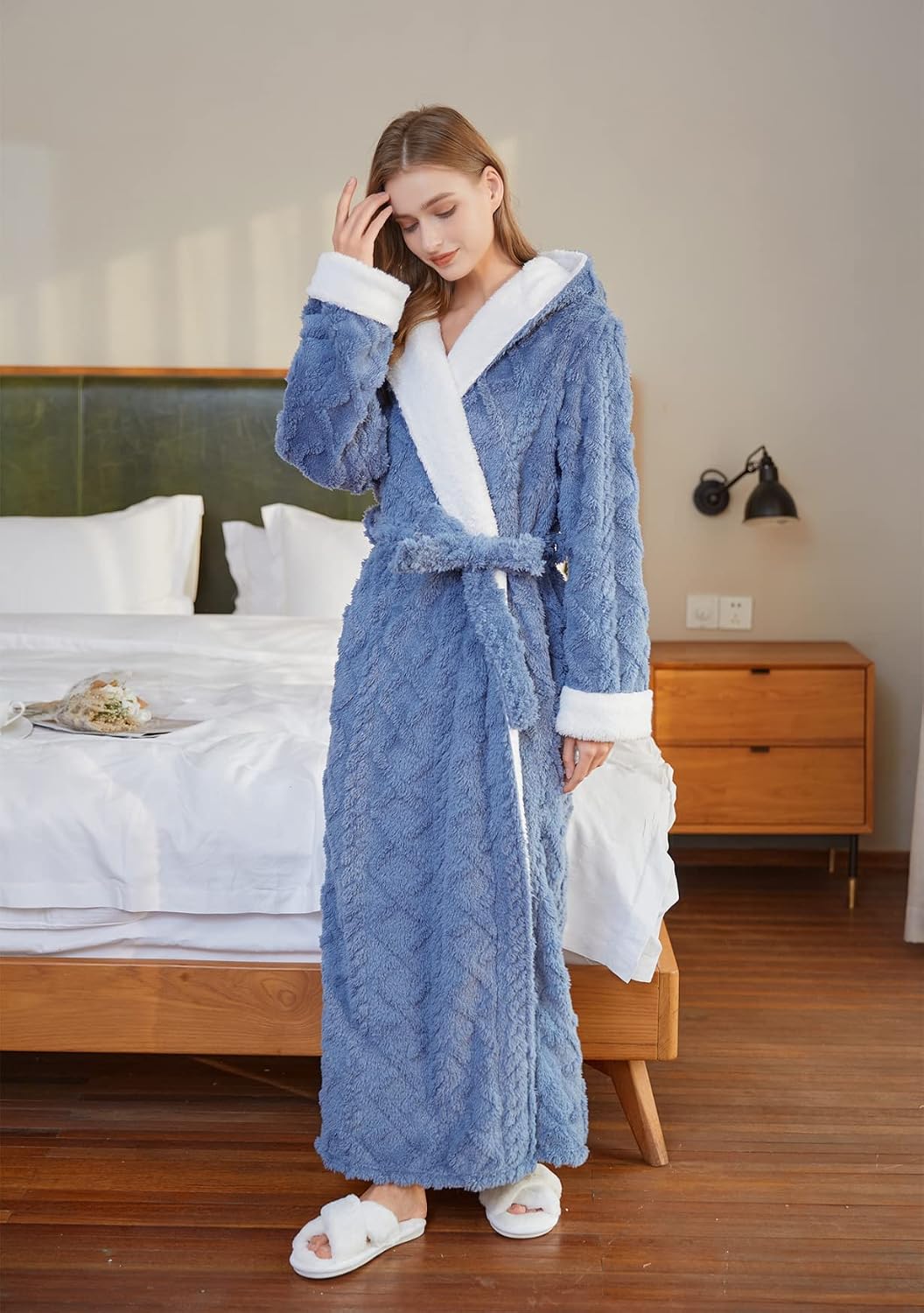 LKG women's robes long plush hooded ladies shower luxury christmas warm fuzzy robes house coat bathrobe for women full length WN420