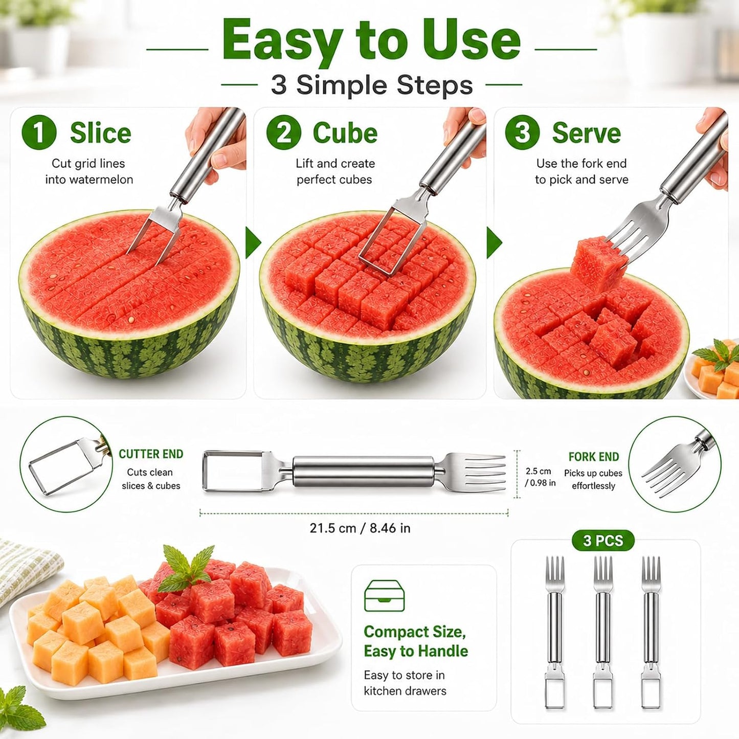 3 PCS Watermelon Cutter, 2-in-1 Watermelon Slicer & Fork, Stainless Steel Watermelon Cube Cutter Tool, Portable Dual-Head Melon Fruit Slicer Tools for Home Parties, Picnic, Camping and Kitchen Gadgets BST220
