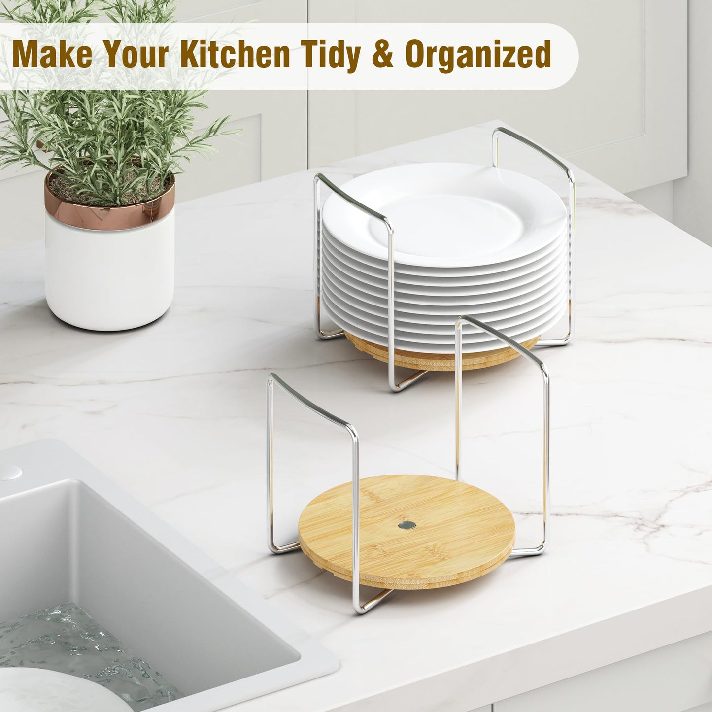 Plate Organizer for Kitchen Counter Bamboo Dish Racks for Cabinet Plate Holder for Kitchen Drawer Storage 2 Pack Adjustable for 6.75" to 8.5" Stainless Steel 304 Portable Handle BST220