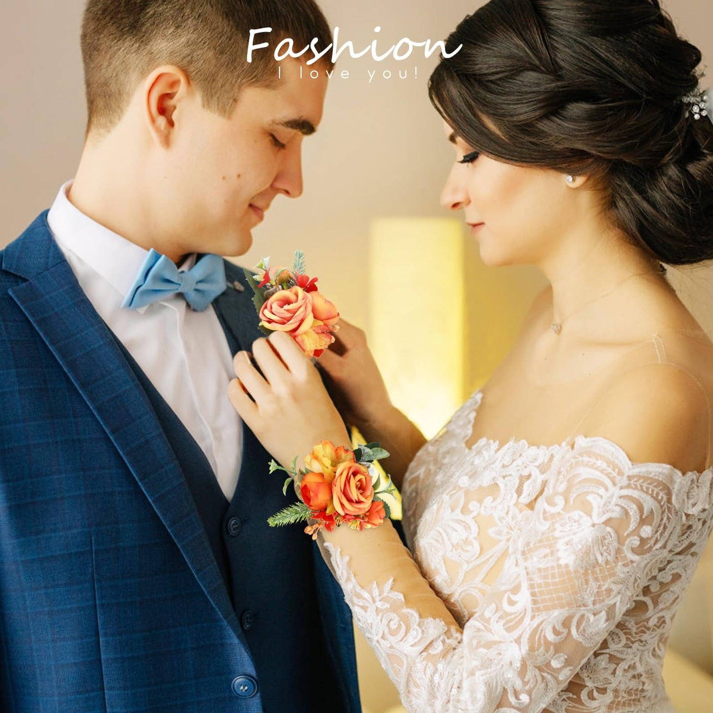 Prom Corsage And Boutonniere Set Orange – Artificial Silk Wrist Corsage & Boutonniere For Men Wedding – Groom Boutonniere For Prom, Homecoming, Courthouse Wedding, White Rose Corsage Wristlet Gift Set BST202