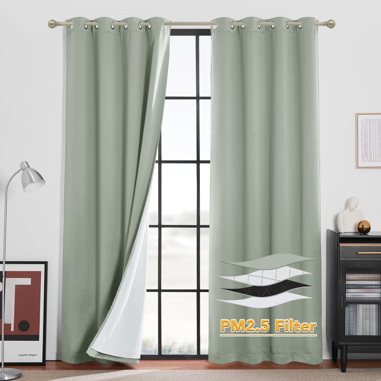 RYB HOME 4-in-1 Dust Filtering Soundproof Blackout Insulating Privacy Window Curtains for Nursery Bedroom Living Room Rivider Sound Absorption Sheet, Black, W52 x L90 inch, 2 Panels BST220