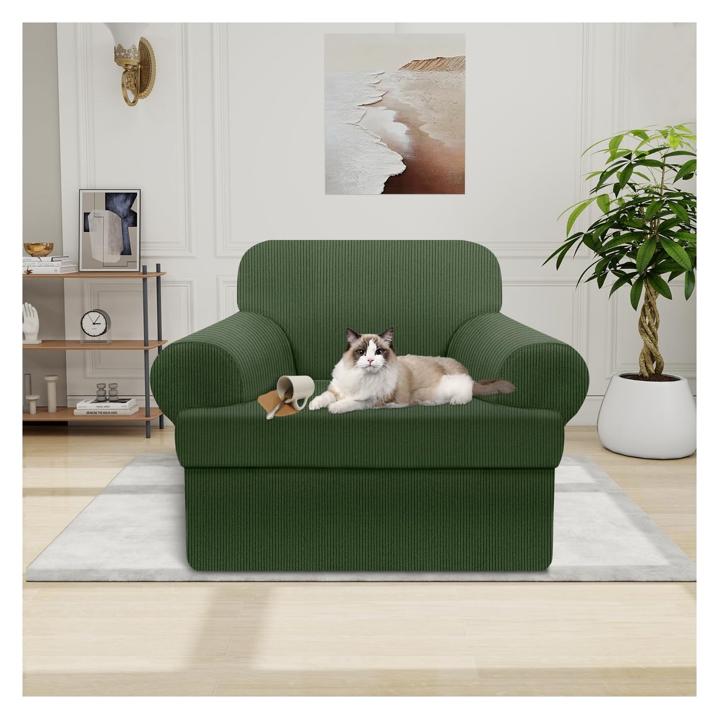 Waterproof Chair Cover with Arms 2-Piece Set Striped Slipcover for 1 Separate T Cushion Couch - TPU Fabric Armchair Covers Leakproof Couch Protector for Kids, Pets(Chair, Beige) BST220