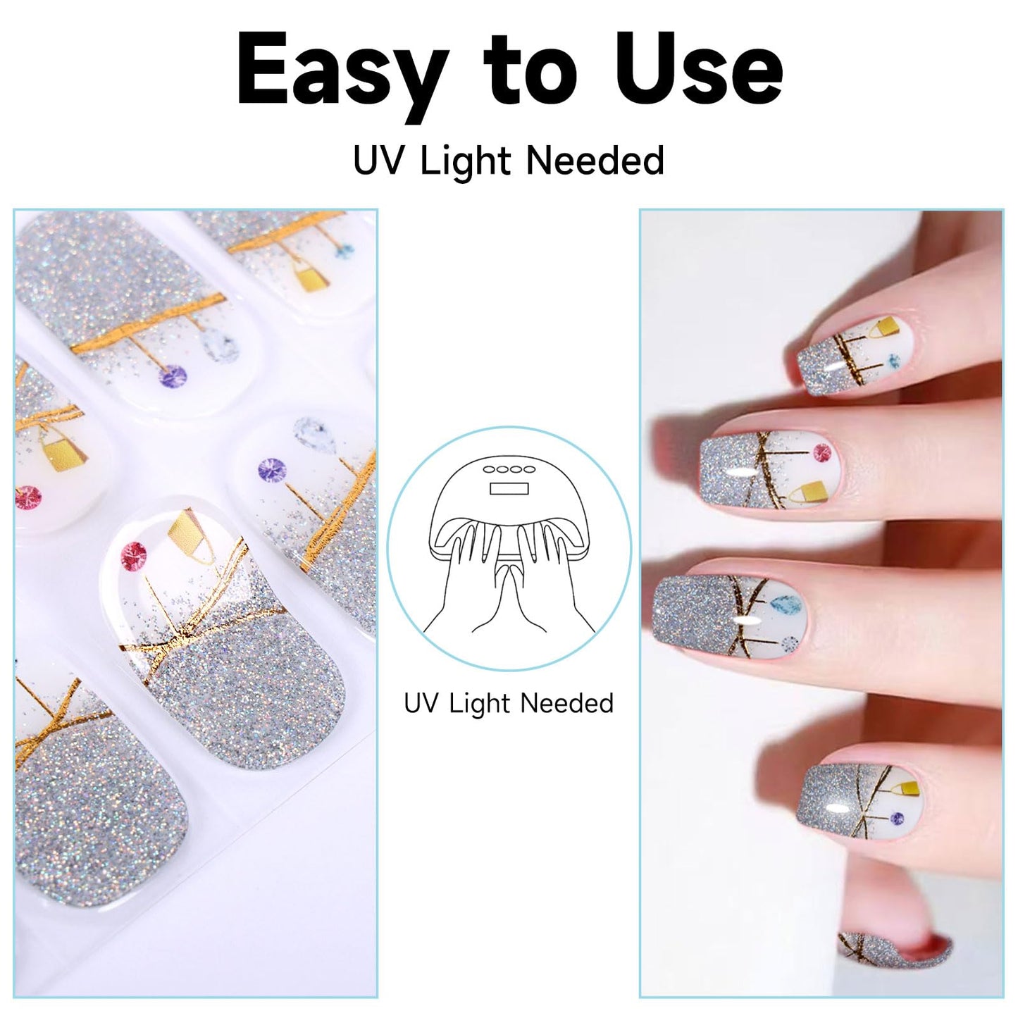 Semi Cured Gel Nail Strips, 56Pcs Nail Art Stickers/Wraps, Long Lasting UV Nail Polish Strips for Adults (Silver Rhinestones+French Tip Glitter) BST220