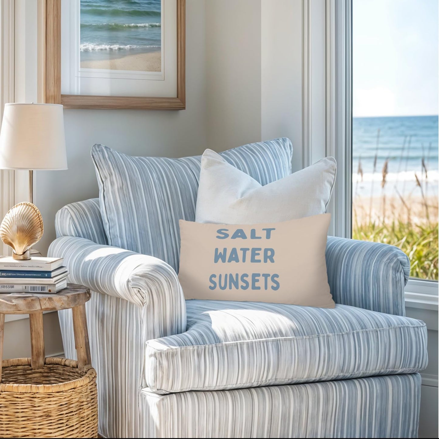 Coastal Beach Girly Room Decor 12x20 Pillow Cover, Preppy Beach Navy Blue Bikini Striped Decorative Lumbar Pillow Covers for Girls Bedroom College Dorm Sofa Couch BST326L