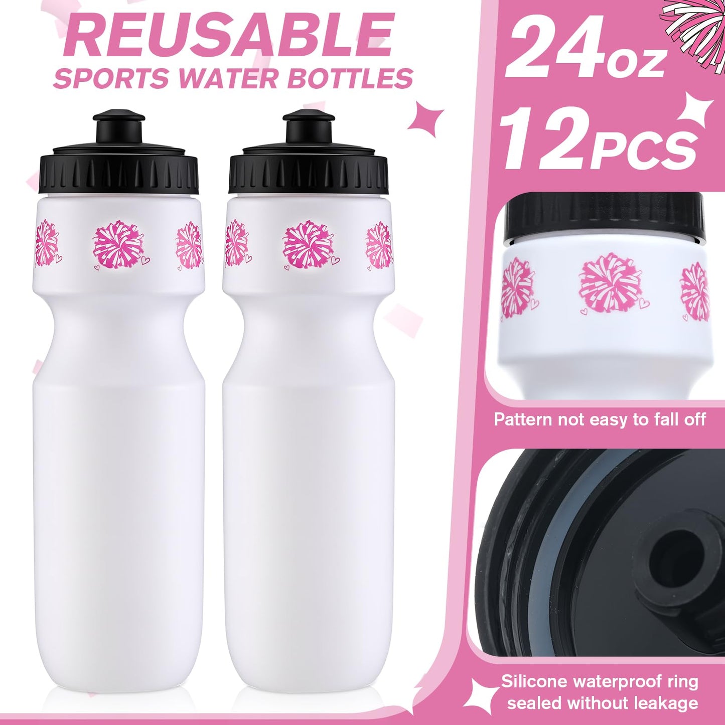 Talltalk 12 Pack Cheerleading Water Bottles Bulk 24 oz Reusable Plastic Cheer Water Bottles with Pull Top Cap Dishwasher Safe Cheerleader Drinking Bottle for Game Sports Dance Party (Rose Red) BST220