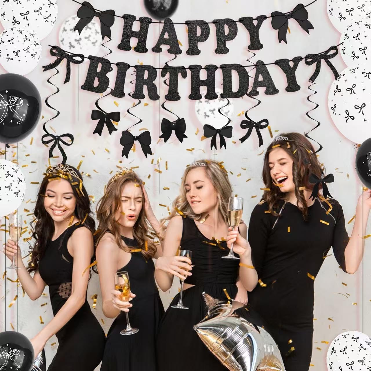 Black Bow Birthday Decorations Set - Coquette Theme Party Supplies with Happy Birthday Banner Garland, Hanging Swirls, Bow Balloons for Women Black Party Decorations Supplies (black) BST326L