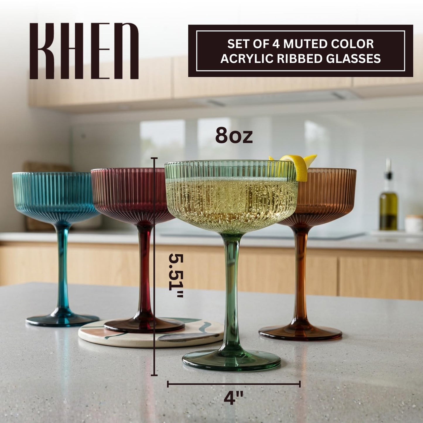 Khen Pink Peach Acrylic Ribbed Coupe Martini Champagne Cocktail Glasses, Set of 4, 8 oz Shatterproof Ripple Stemware European Style Reusable Drinkware Goblets, Indoor Outdoor Parties Weddings Bar Gift BST220