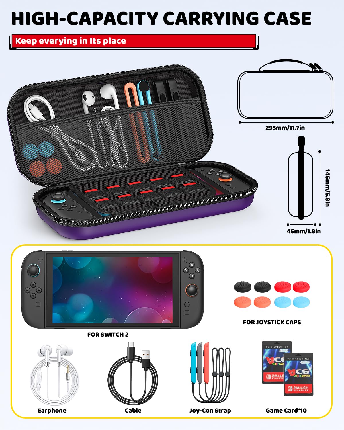 Klipdasse Switch 2 Carry Case for Nintendo Switch 2/1/OLED, Hard Shell with Soft Lining, 10 Game Card Slots, Silicone Handle, for Switch 2 Slim Case 2025 (Blue) WN420