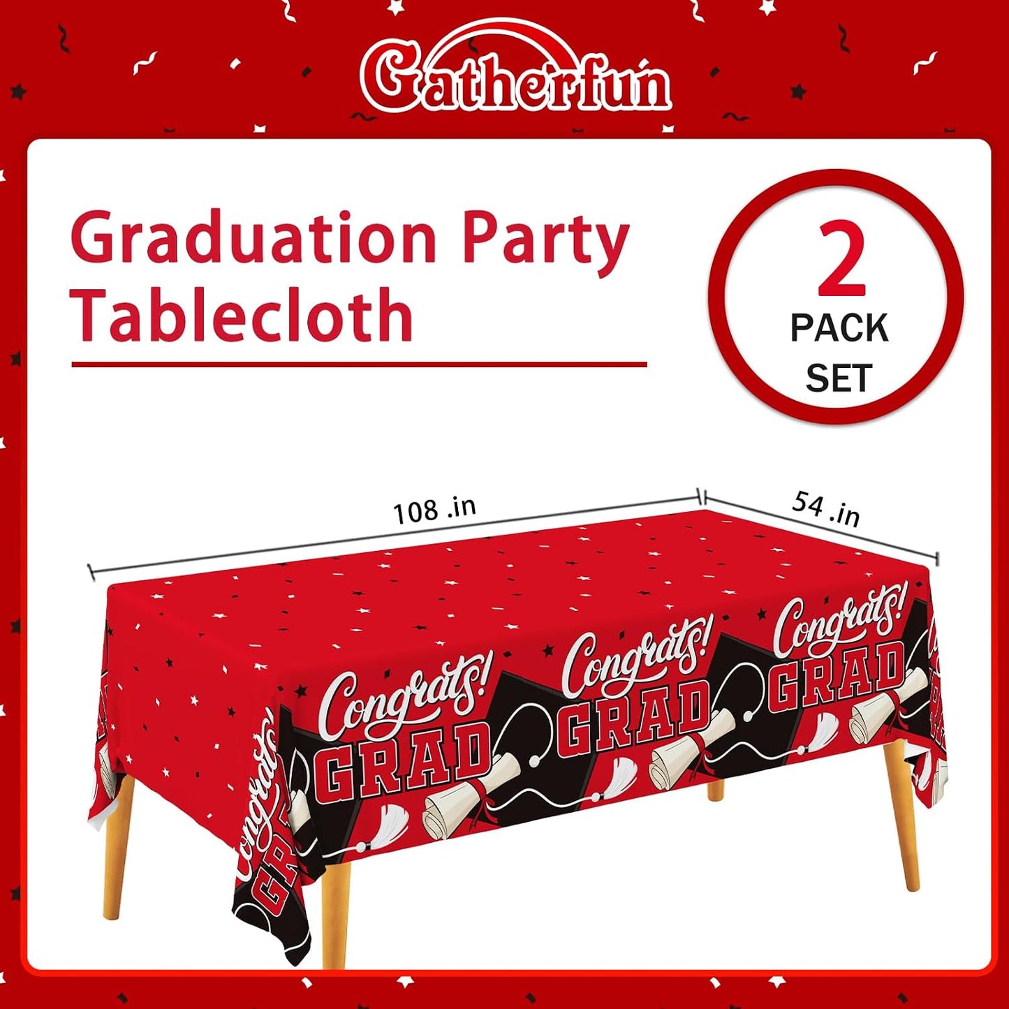 Gatherfun Graduation Decorations 2026 Kit - 2 Pcs Red Gongrats Grad Tablecover for Party Decorations，Graduation Plastic Table Covers 54"x108" BST326L