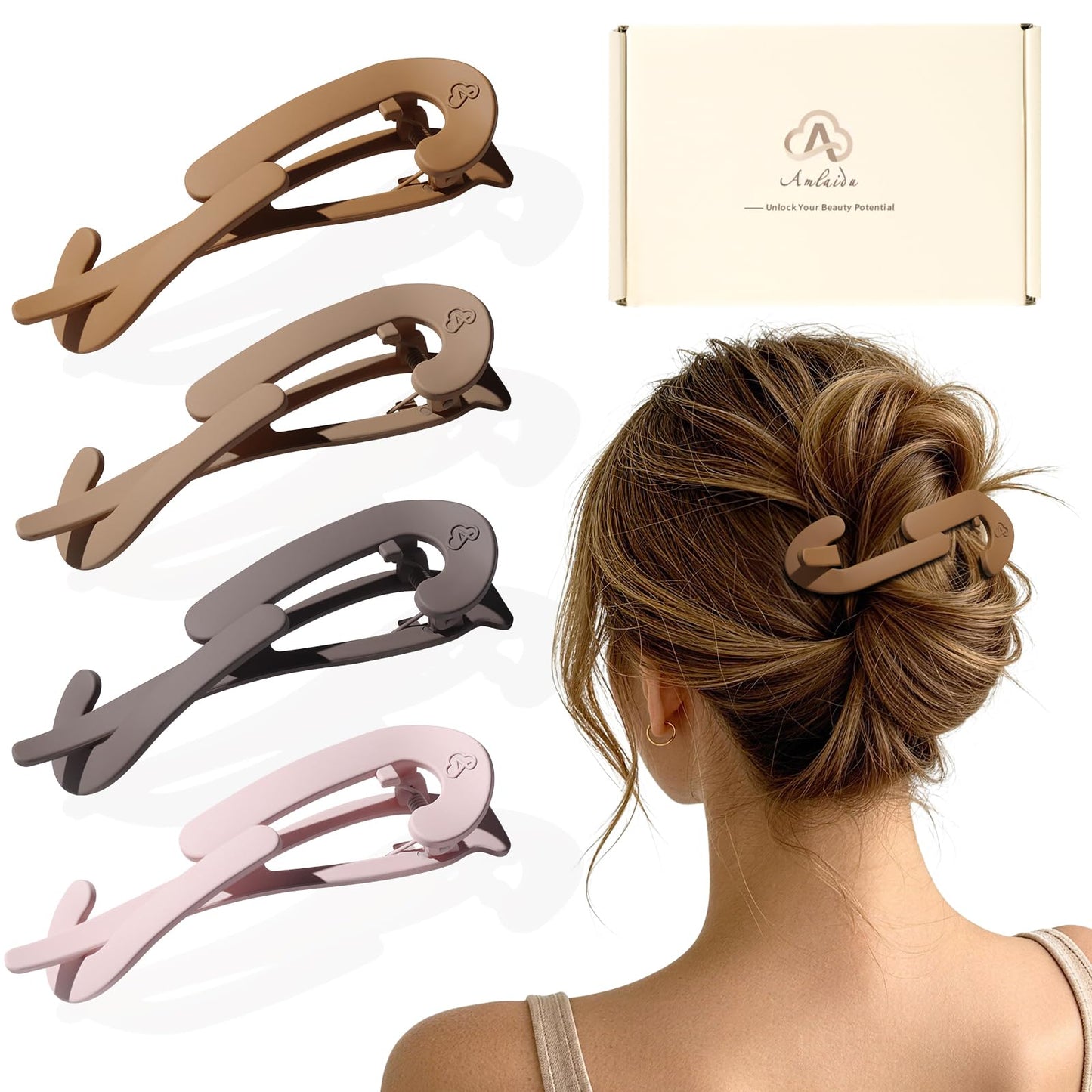 Large Twist Flat Hair Clips for Medium Thick Hair, Stylish Flat Claw Clips for Women, French Hairclips for Long Straight Curly Hair - White, Pink, Purple, Green, 4pcs WN420