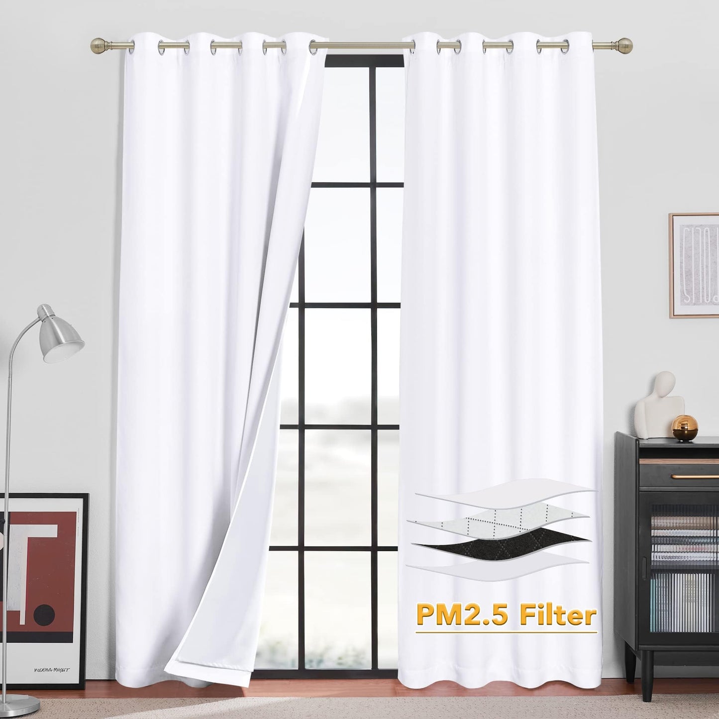 RYB HOME 4-in-1 Dust Filtering Soundproof Blackout Insulating Privacy Window Curtains for Nursery Bedroom Living Room Rivider Sound Absorption Sheet, Black, W52 x L90 inch, 2 Panels BST220