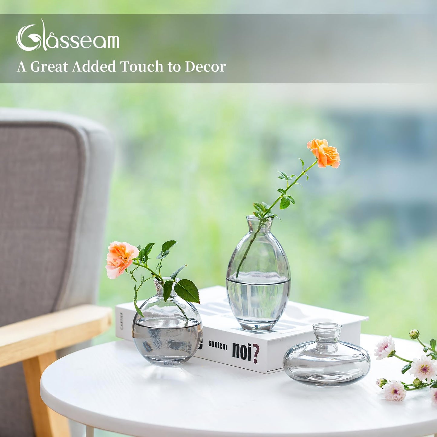 Glasseam Clear Glass Bud Vase, 3Pcs/Set Modern Decorative Small Mini Flowers Vases Short Minimalist Aesthetic Home Decor Vintage Cute Handmade Tiny Wedding Table Centerpieces for Single Flower Rose BST326H