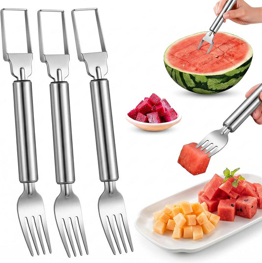 3 PCS Watermelon Cutter, 2-in-1 Watermelon Slicer & Fork, Stainless Steel Watermelon Cube Cutter Tool, Portable Dual-Head Melon Fruit Slicer Tools for Home Parties, Picnic, Camping and Kitchen Gadgets BST220