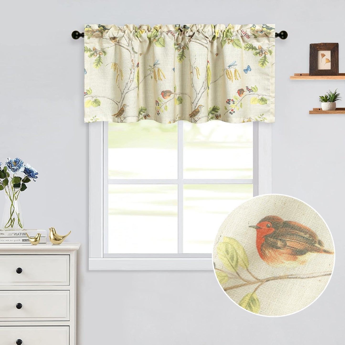Leeva Tie Up Valance for Windows, Elegant Birds Pattern Light Filtering Window Treatment Valances for Bedroom Kitchen, One Panel, 52 x 18, Light Blue BST220