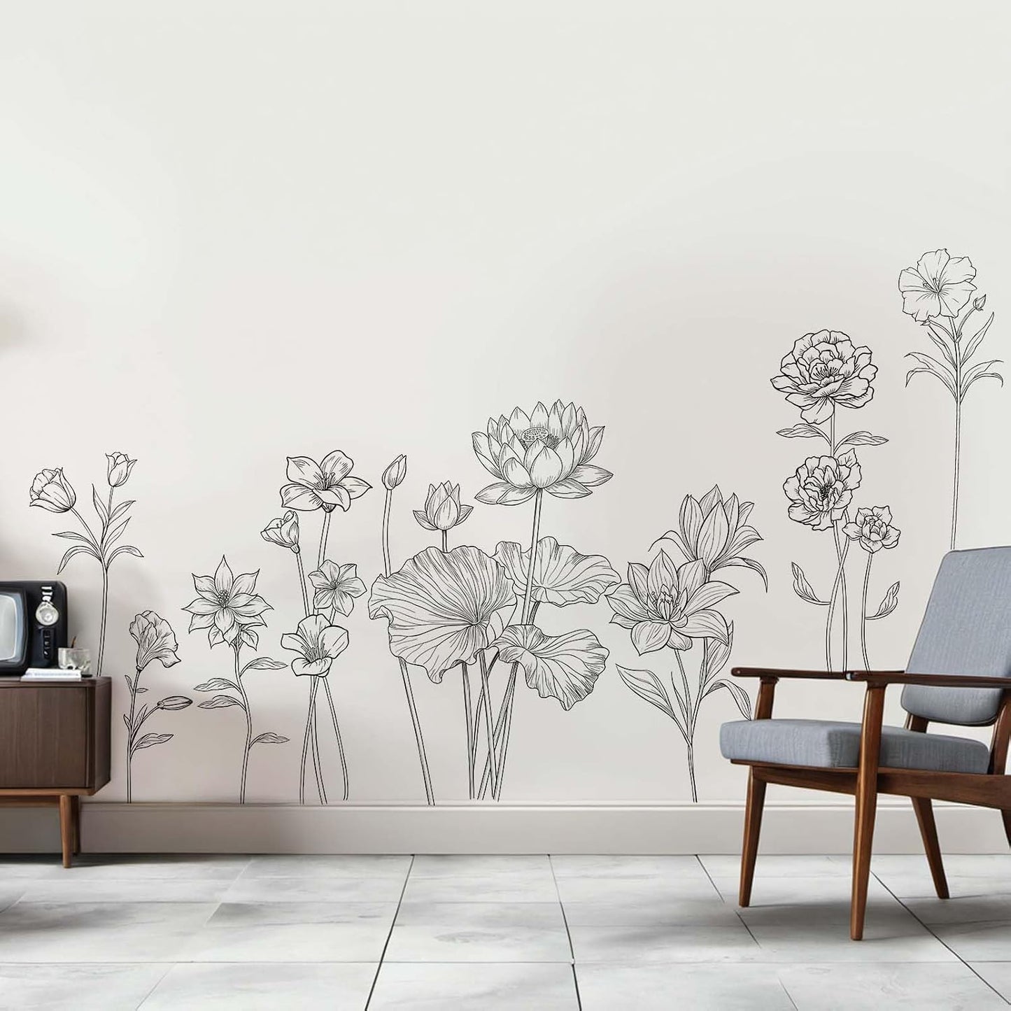 Black Flower Wall Stickers for Girls: Peel and Stick Wildflower Sunflower Rose Lotus Floral Garden Wall Decals - Bedroom Office Living Room Home Art Wall Decor BST220