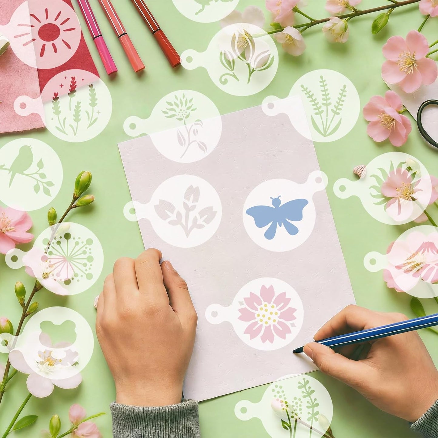 Konsait 20 Pack DIY Coffee Stencils Latte Art Templates for Decorations Reusable Cake Cookie Stencils,Includes Designs for Painting Butterfy, Flowers, Bunny, Bird,Perfect for Party Supplies BST326L