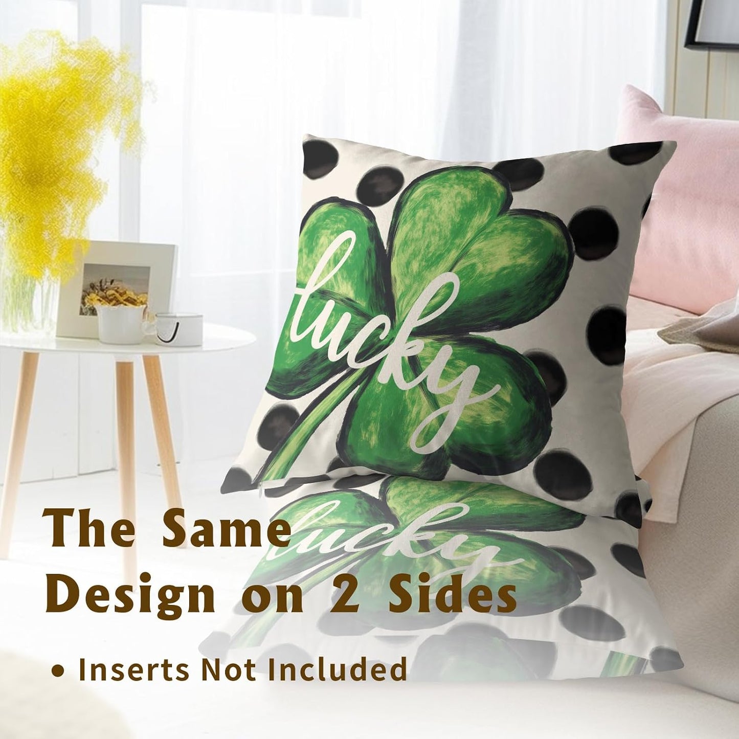 St. Patrick's Day Throw Pillow Covers 18x18 Inch Set of 2 Lucky Shamrock and Cream Dot Cushion Case Square Lucky Clover Green and Cream Throw Pillows Case for Party Sofa Couch Bed Bench Outdoor BST326H