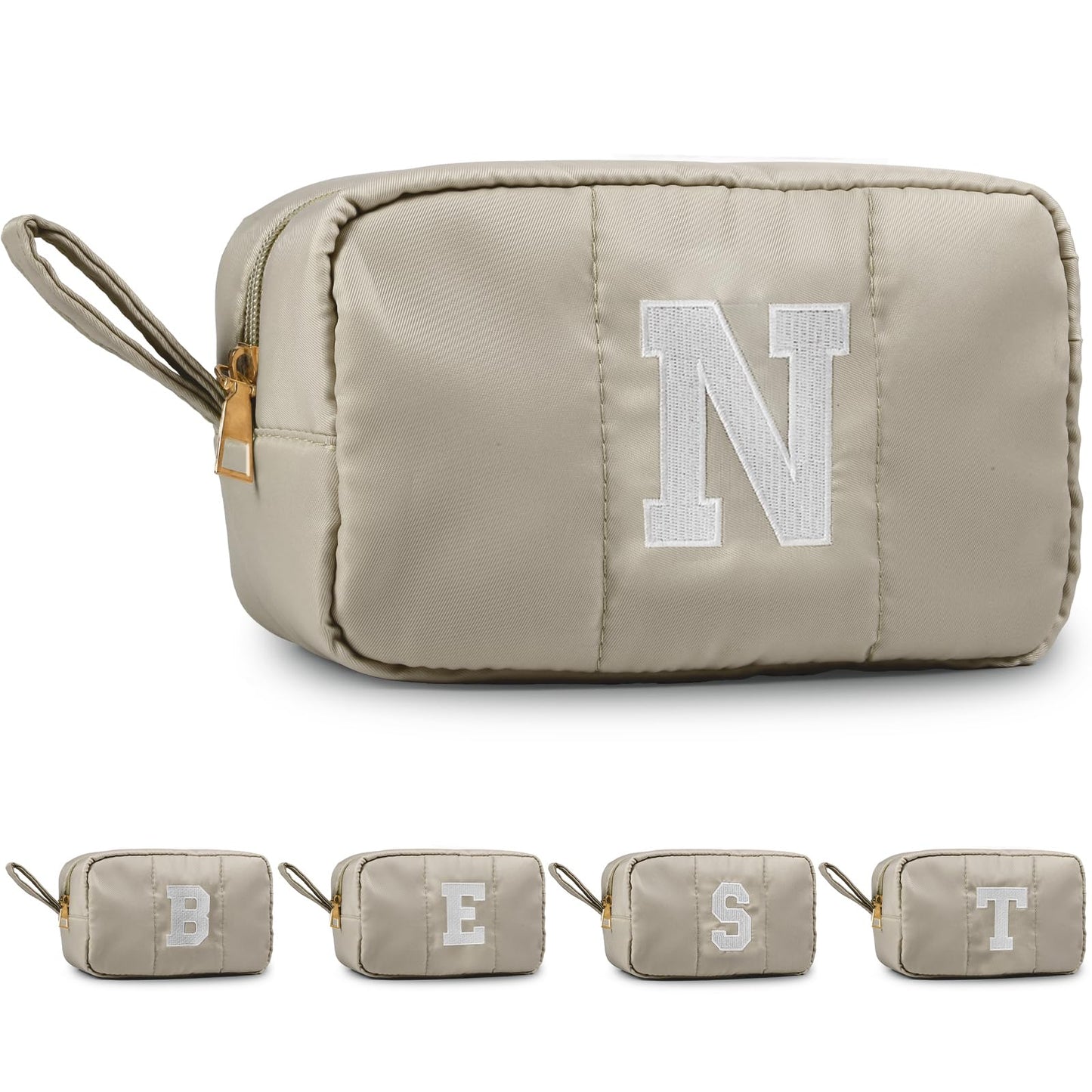 Puffy Makeup Bag for Women,Initial Cosmetic Bag,Cute Travel Toiletry Bag,Puffer Make Up Organizer Bags with Compartments,Personalized Gifts for Girlfriend Bridesmaid Teacher Graduation (Khaki gray, E) BST202
