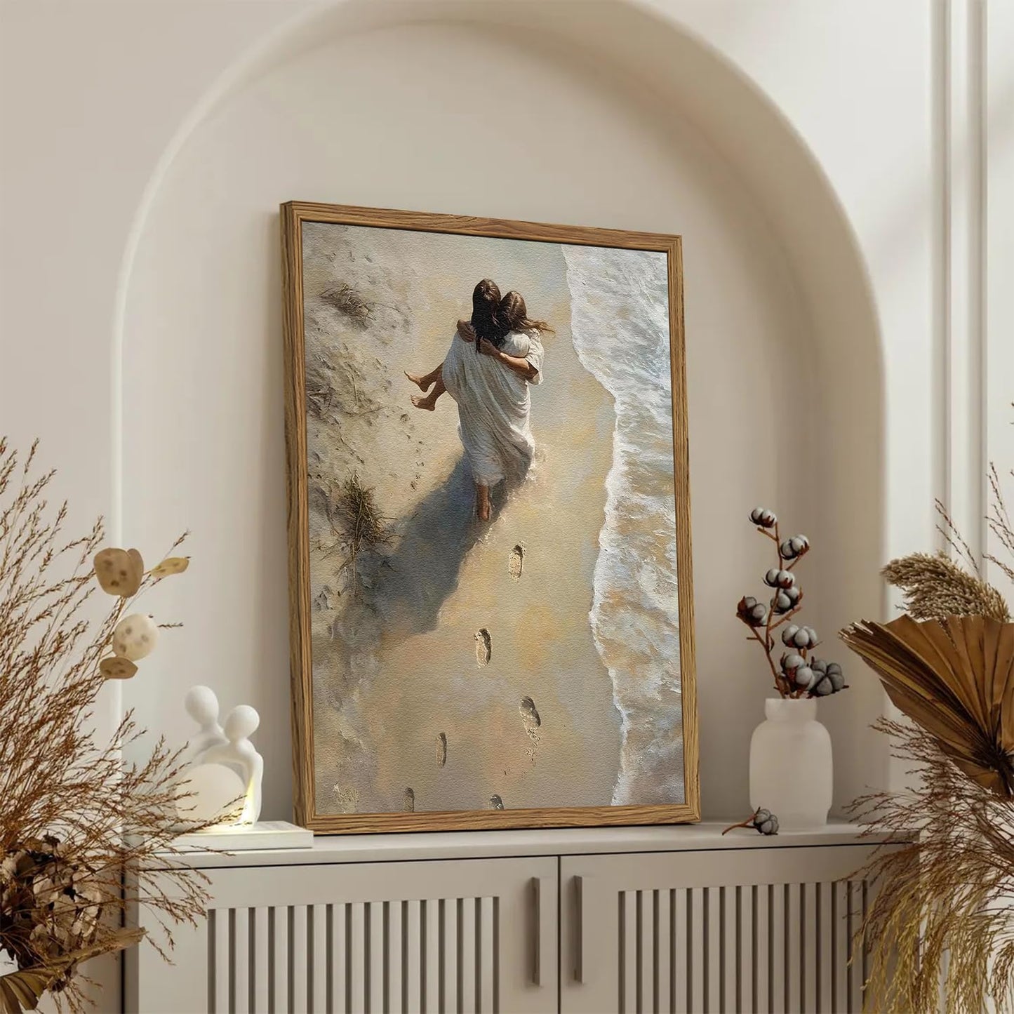 Framed 3D Textured Jesus Embracing Woman Wall Art, Jesus Hugging Woman Wall Decor Hand Drawn Sandstone Religious Christian Bible Painting Pictures for Bedroom Living Prayer Room 12x16 in Wood Framed BST202