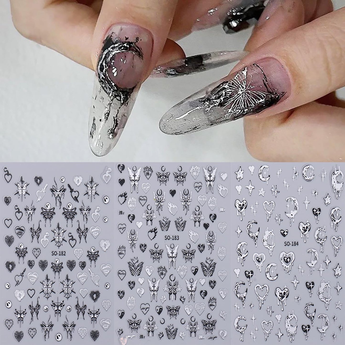 Liquid Butterfly Nail Art Sticker Decals Black Gold Black Silver Butterfly Moon Design Nail Decals 3D Self-Adhesive Nail Art Supplies Heart Nail Art Sticker Decoration for Women Manicure Supplies BST326L