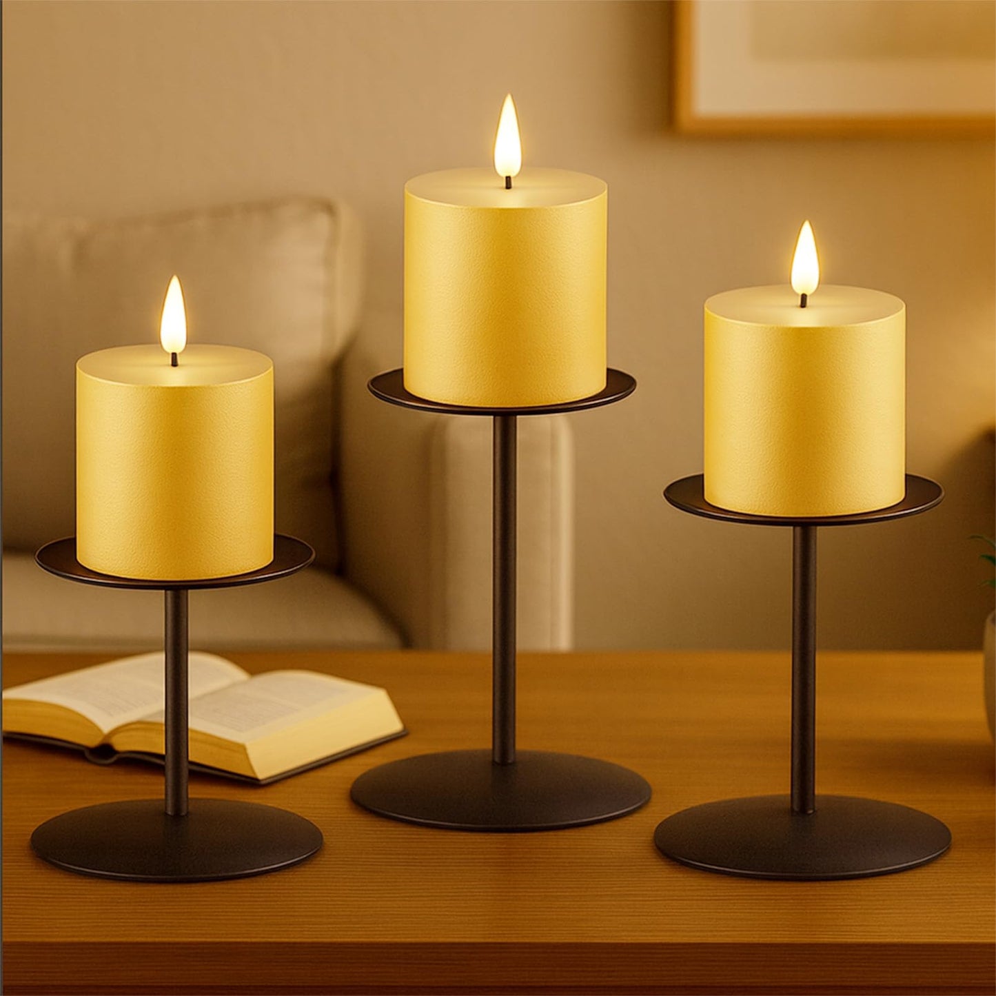 smtyle Gold Metal Candle Holder Sets for Pillar Candles Set of 3 Wedding Table Centerpiece Candle Holders, Minimalist Farmhouse Decor for Fireplace Mantel & Dining Room BST326H