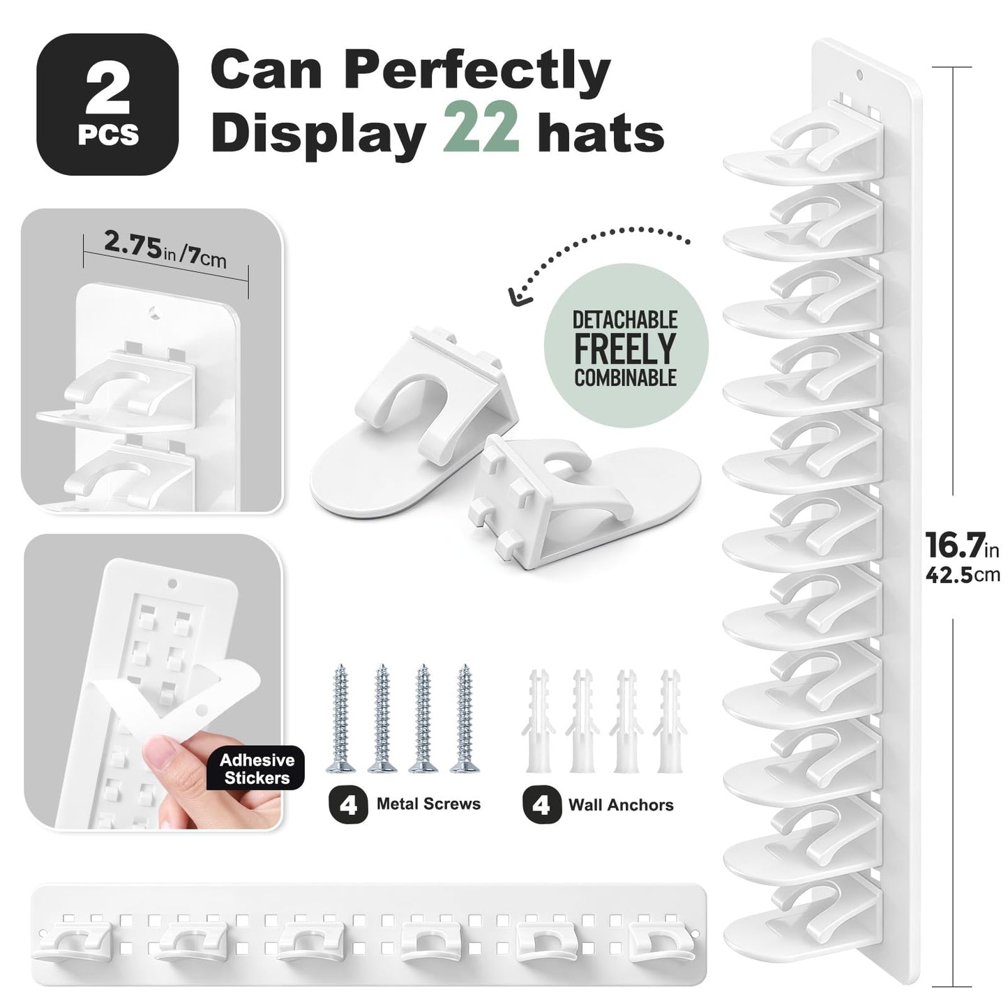 Hat Hook for Wall, 2 Pack Hat Organizer Hold up to 20 Hats,Hat Holder with Strong Adhesive and 8 Pack Screws, Cap Holder Hat Hangers for Wall Closet Door and Bedroom(B-Black) BST220