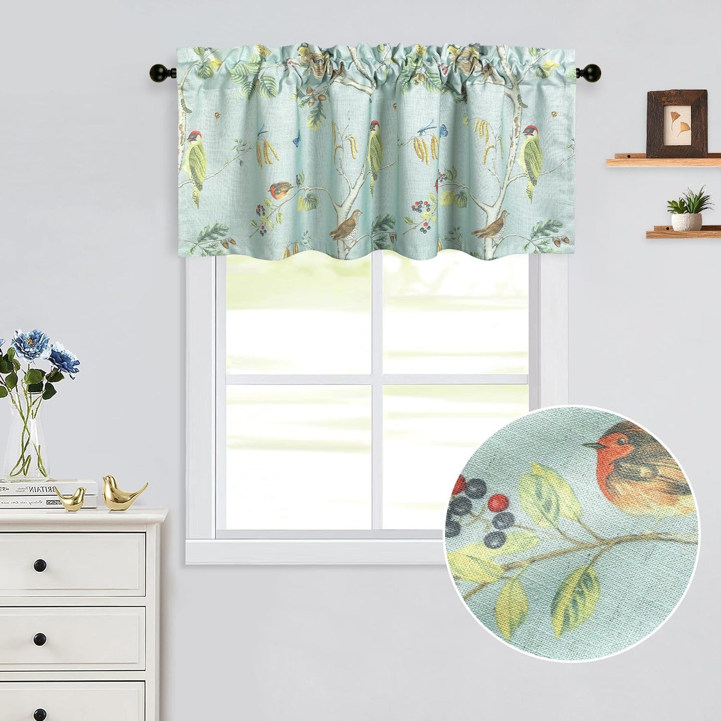 Leeva Tie Up Valance for Windows, Elegant Birds Pattern Light Filtering Window Treatment Valances for Bedroom Kitchen, One Panel, 52 x 18, Light Blue BST220