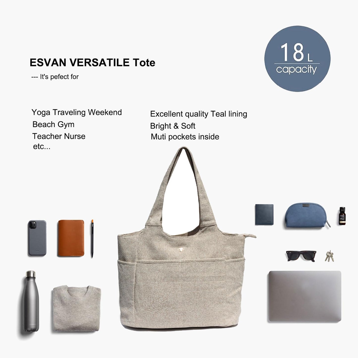 ESVAN Yoga Tote Bag Mat bag Women Shoulder Bags Carryall Tote for Travel Office Workout Gym Nurse Beach BST326H