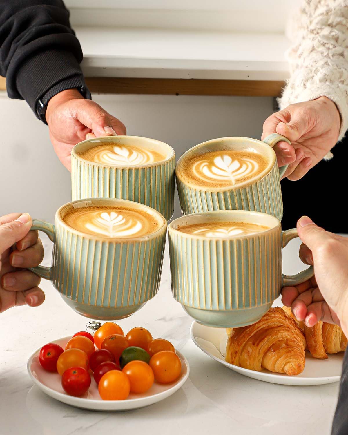 HASENSE 15 oz Ribbed Stackable Coffee Mug Set of 4, Porcelain Latte Cups with Metal Rack, Dishwasher & Microwave Safe, Cappuccino Tea Hot Cocoa, White BST220