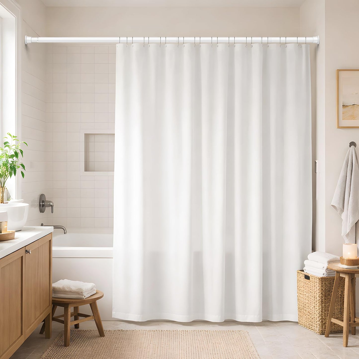 White Shower Curtain Rod 32 to 76 Inches Adjustable, 7/8 Inch Diameter Heavy Duty Tension Curtain Rods No Drill, Rust-Resistant Tension Rod for Bathroom, 1 Pack BST326H