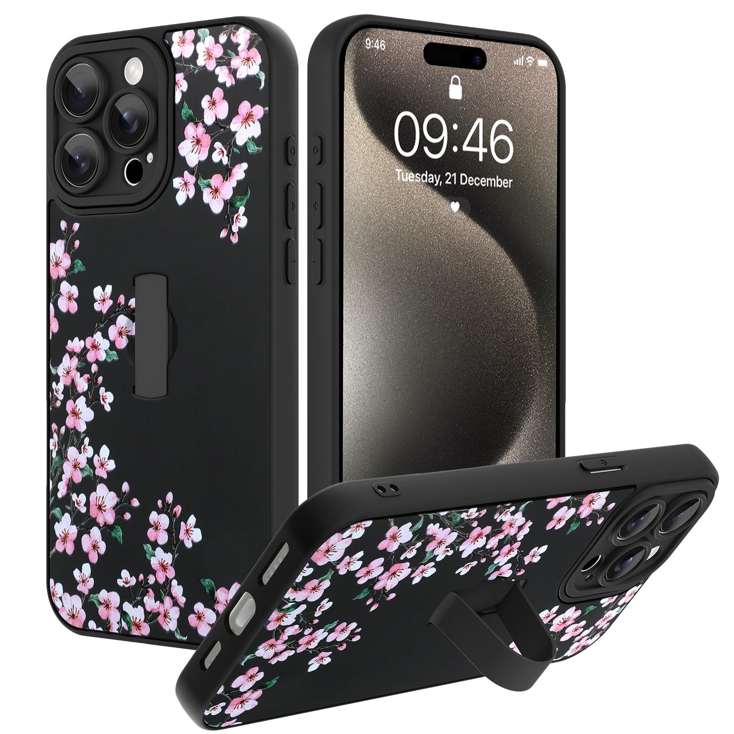 Compatible with iPhone 13 Case, Cute Cheetah Leopard Pattern | Built in Adjustable Wrist Strap Grip Hand Holder Stand Shockproof Kickstand Cover for Women Girls (Black White) WN420