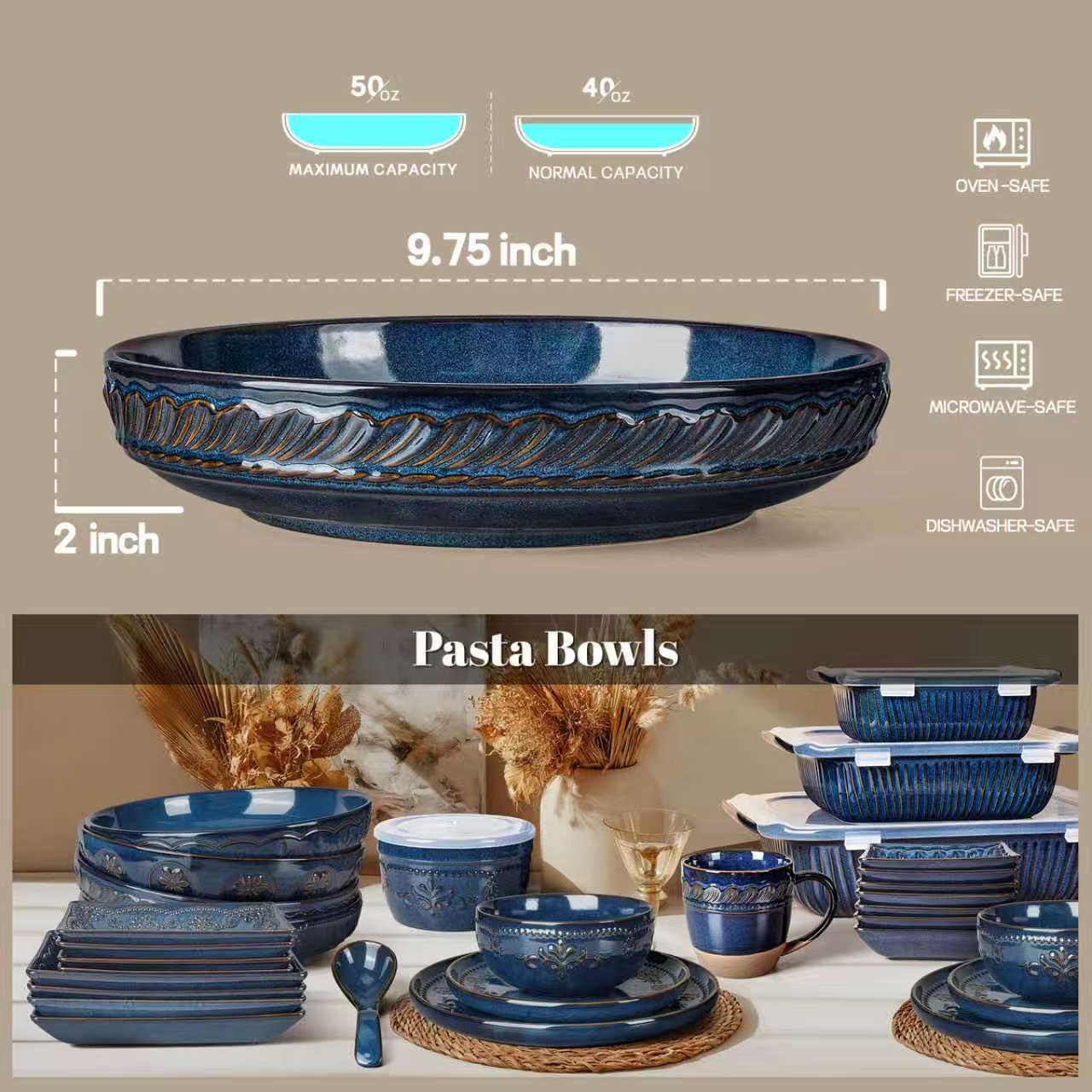 Artena Pasta Bowls, 50oz Large Salad Serving Bowls, 9.75'' Plates Bowls Set of 4, Big White Ceramic Soup Bowls for Kitchen, Embossment Shallow Dinner Bowl, Microwave Dishwasher Safe, Willow Leaf BST326H