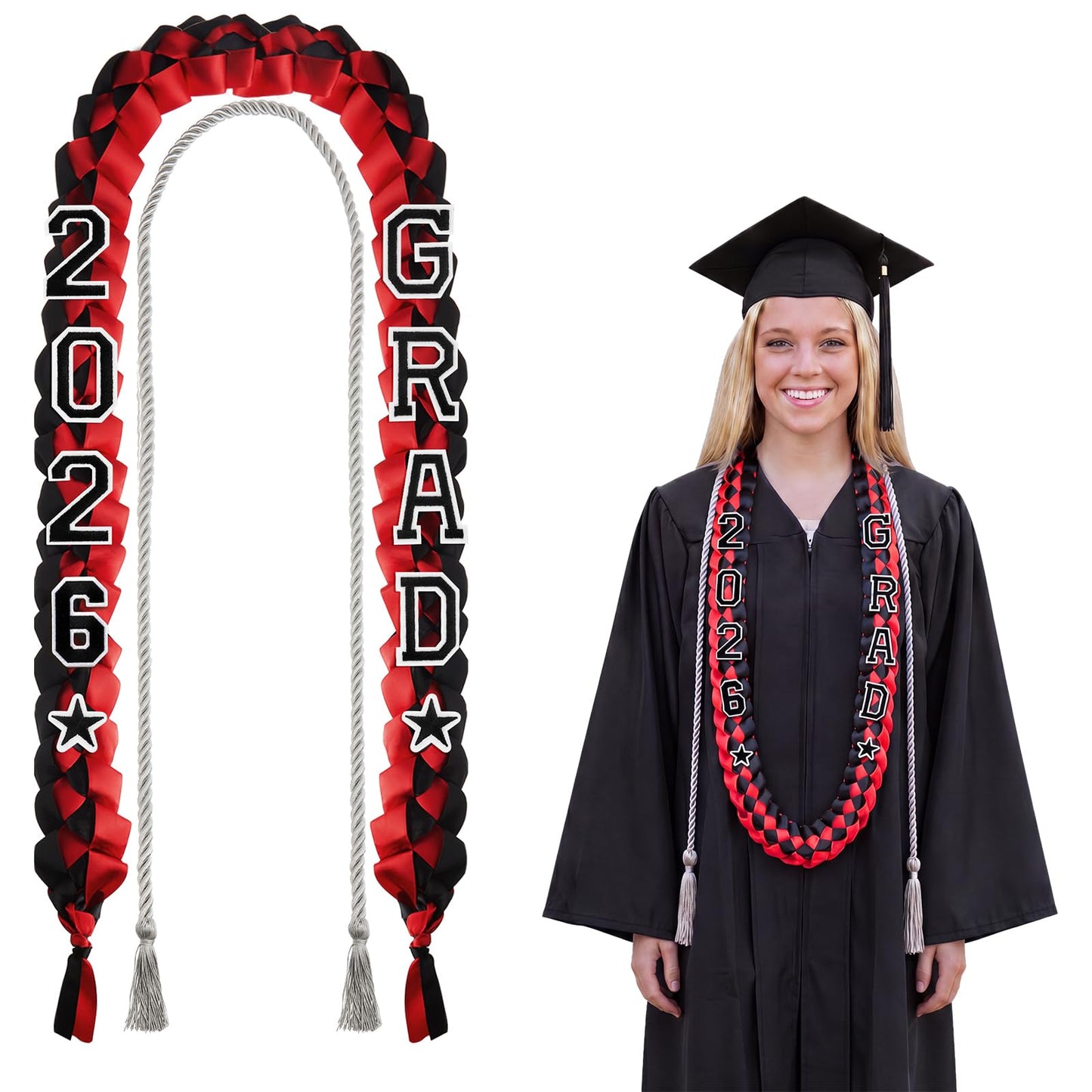 Cindeer 2026 Graduation Ribbon Lei Set Handmade Braided Necklace Honor Cord with Tassel 2026 Grad Embroidery Patches for High School College Graduation Party Supplies(Black, Red) BST220