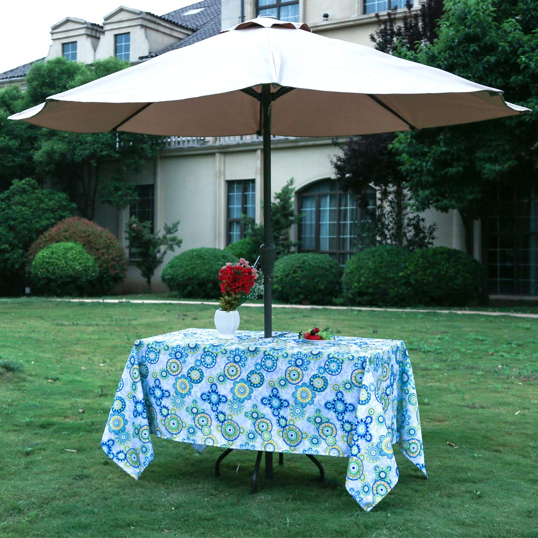 Eternal Beauty 52” Round Tablecloth Waterproof Outdoor Tablecloth with Umbrella Hole Zipper for Spring Summer Patio Picnic Tables (Tropical Palm Leaf) BST326H