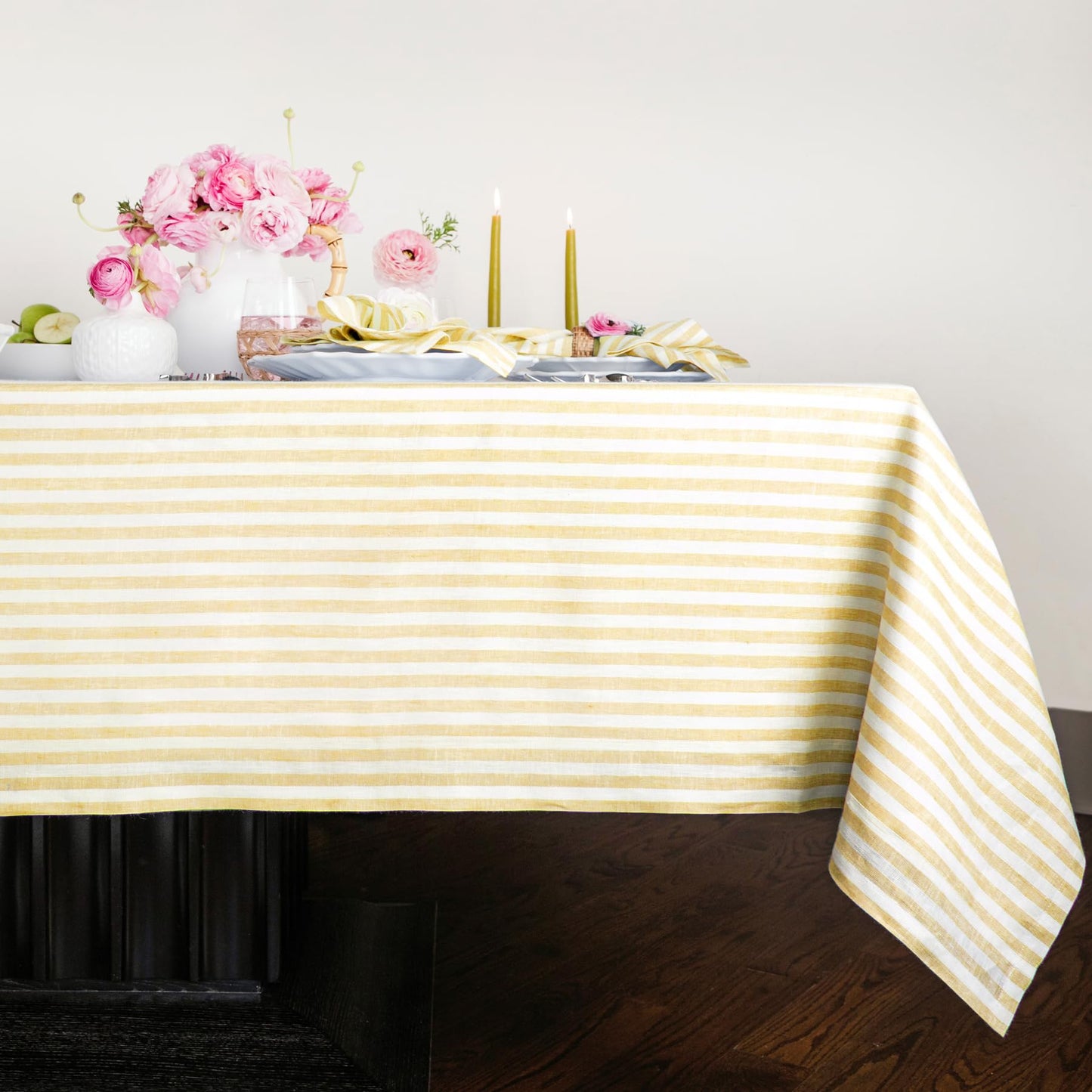 Solino Home 100% Linen Table Cloth, Throw, 52 x 52 in, Coral, Amalfi Stripe | Striped Linen Tablecloth a neat topper for bistro, card and side tables | Coral and White | Pure Linen | OEKO-TEX Certified BST326SOLH