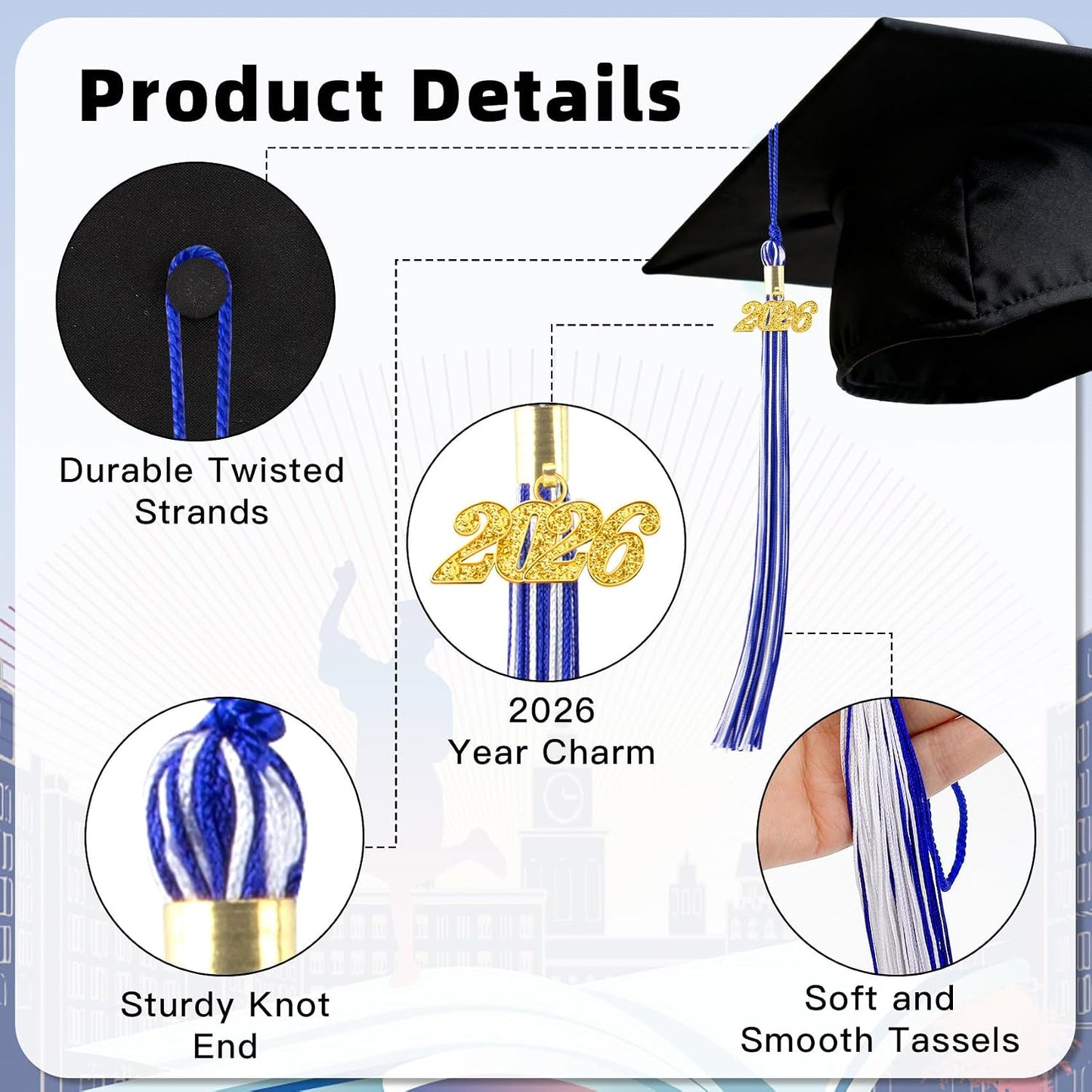 2026 Tassel Graduation, 2 Pcs Blue and White Graduation Tassel 2026, Graduations Tassels with 2026 Year Gold Charms for Grad Cap Hat Accessories Ceremonies Memorial Graduations Party Decorations BST326L