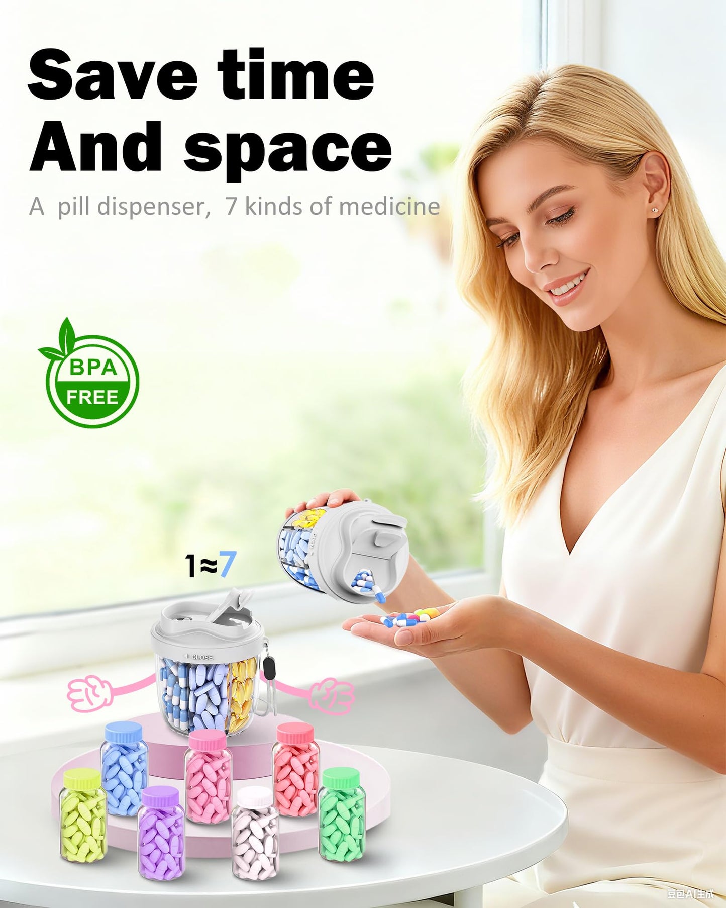 Cute Pill Organizer,Pill Dispenser with 7 Large Compartments,Portable Pill Bottle Box with Wide Opening for Easy Use, Anti-Mix Pills Organizer for Travel,Includes 20 Pcs Sticky Labels(Black) WN420