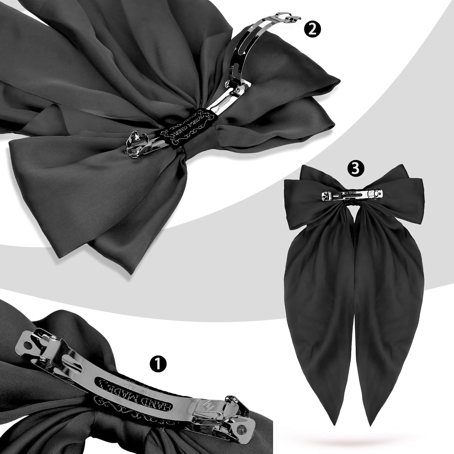 Yoseng Hair Bows Set: 4pcs Ribbon Hair Clips with Bowknots and Long Tails, 2 Sizes, for Women and Girls (Black, White) WN420