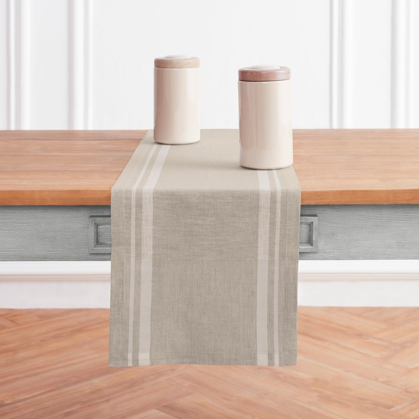 Solino Home 100% Pure Linen Table Runner, 14 x 60 in, Black, French Stripe | Table Runners for dining, hallway and console tables | woven stripe, mitered corners | Black and White | OEKO-TEX Certified BST326SOLH